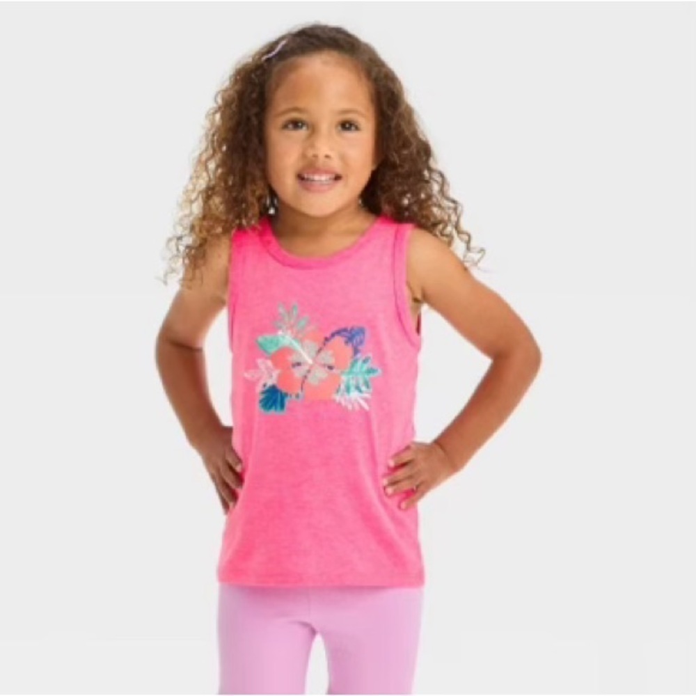 💕 Mix & Match 3 / $15 NWT Cat & Jack Girls  Pink Hawaiian Flower Tank Top